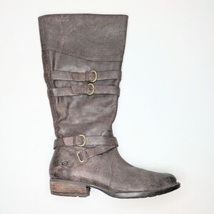 Born Odem Brown Leather Tall Boots Brass Buckle Side Zip Size 10